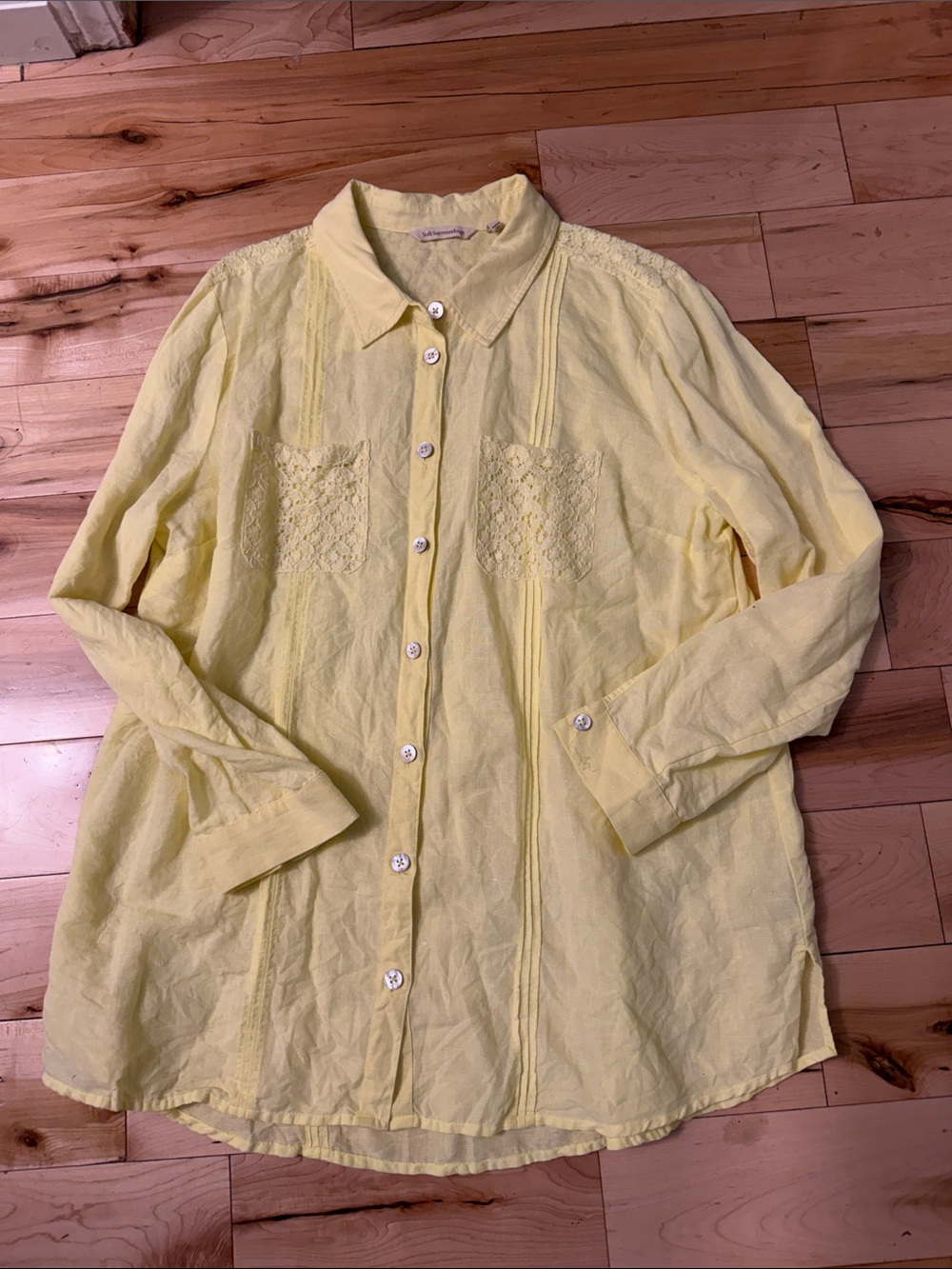 SOFT SURROUNDINGS Yellow Surfspray Crocket Lace Cotton Blouse Size XL